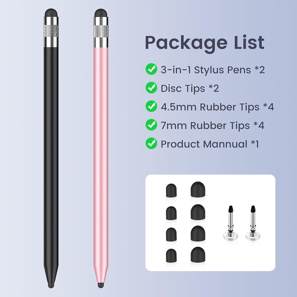 ZORBES® 2PCS 3 in 1 Stylus Pens for Touch Screens with 8Pcs Replacement Rubber Tips & 2 Disc Tips, High Sensitivity & Precision Capacitive Stylus Pencil for Apple iPad iPhone Tablets ZORBES® 2PCS 3 in 1 Stylus Pens for Touch Screens with 8Pcs Replacement Rubber Tips & 2 Disc Tips, High Sensitivity & Precision Capacitive Stylus Pencil for Apple iPad iPhone Tablets